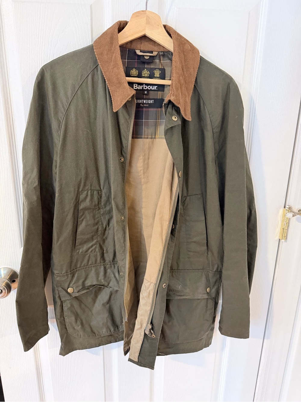Barbour Olive Green Lightweight Field Jacket with Brown Corduroy Collar